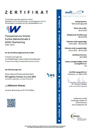 Zertifikat IFS Logistics 2.3 / 2022