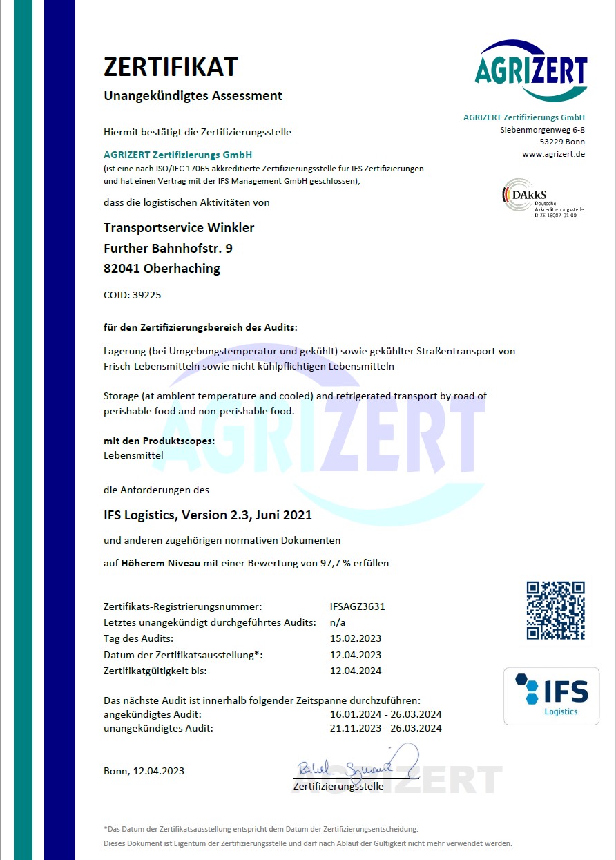 Zertifikat IFS Logistics 2.3 / 2022